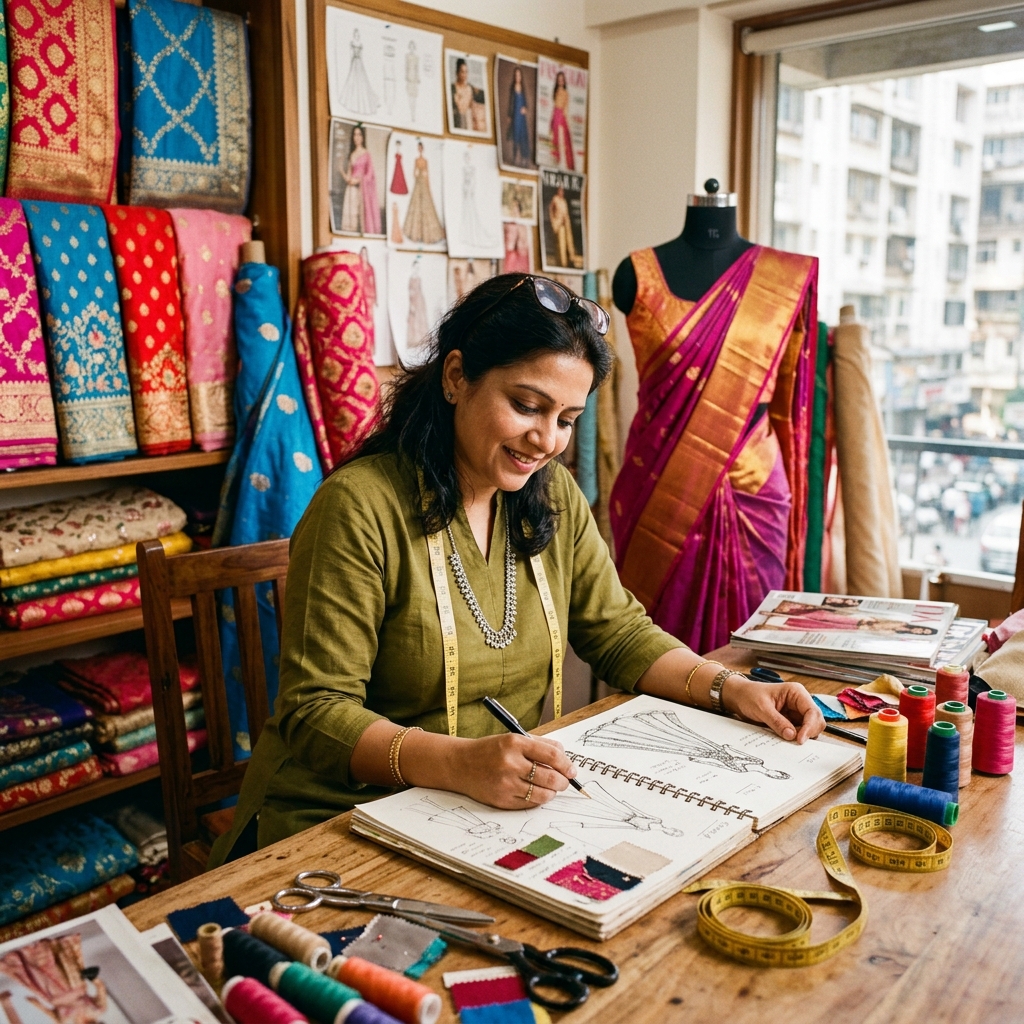 Fashion designer sketching in Meenuraj Studio Jaipur